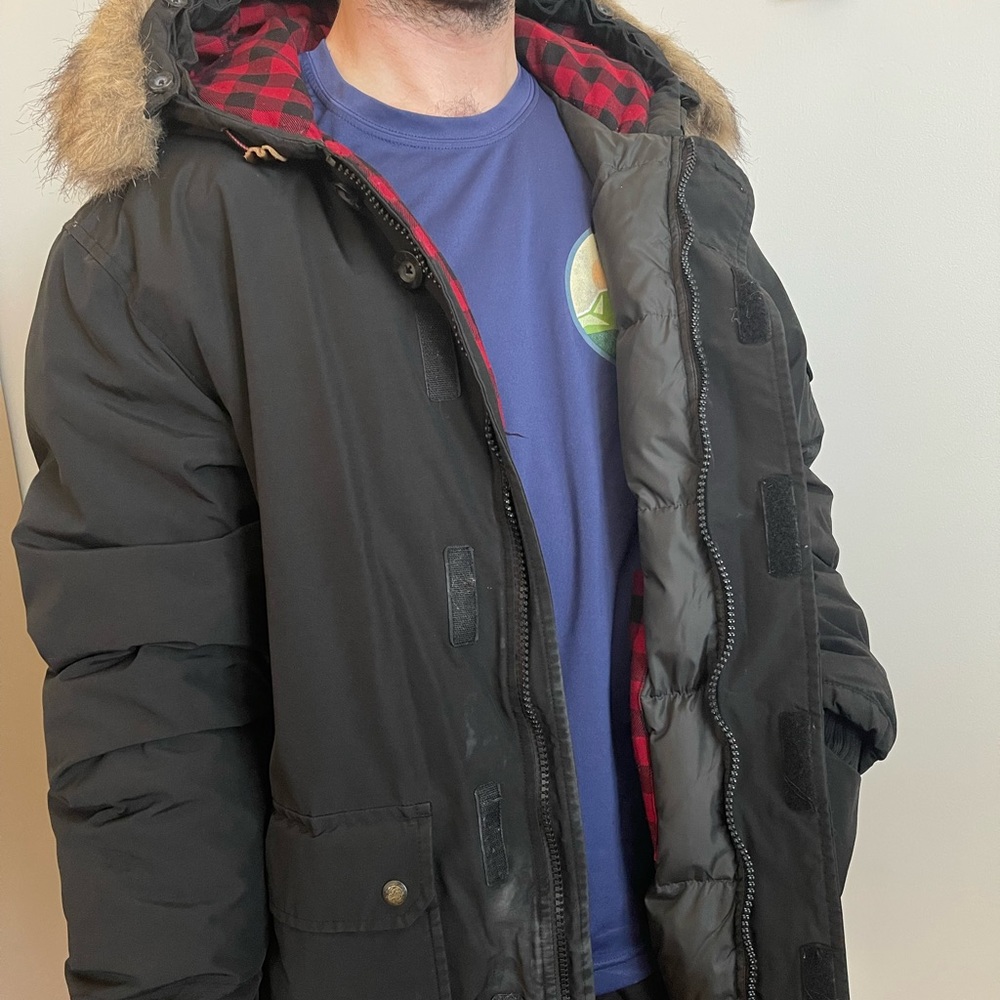Black Plaid Woolrich Heavy Down Winter Coat